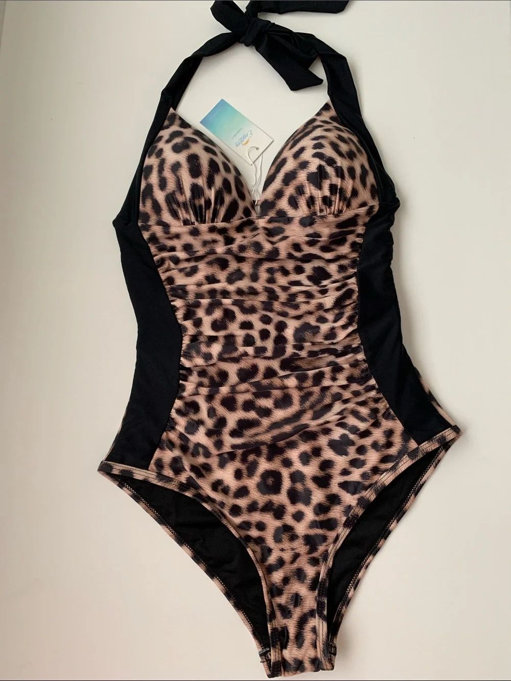 NWT Eagarbuy Leopard Print Halter One-Piece Swimsuit - Black & Brown Size M